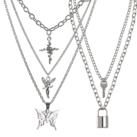 Chain Necklace Egirl Eboy Lock cross key 5 layers - Picture 13 of 13